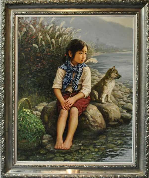 油画儿童与小狗图片