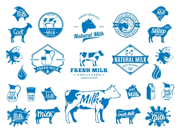 多款蓝色简洁牛奶标签标贴