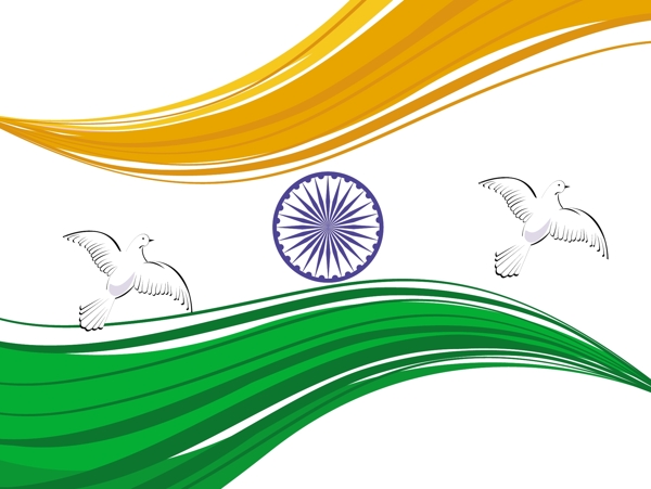 在白色背景的鸽子飞isolatated印度的三色国旗矢量插画