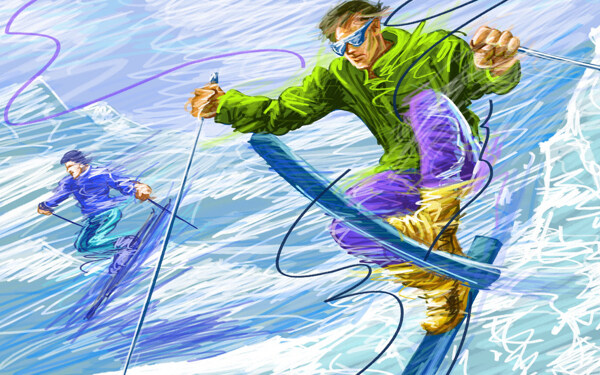 线条手绘人物之滑雪