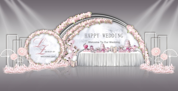 粉色弧形铁艺半圆线条花艺婚礼甜品效果图