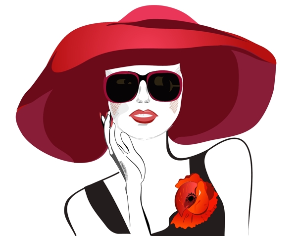 戴红色帽子的时尚女人插画