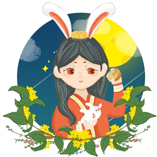 中秋节玉兔少女人物插画形象设计玉兔少女
