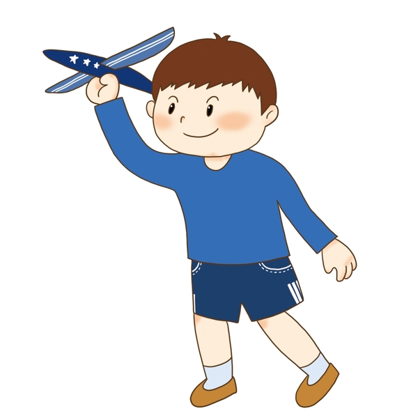手绘卡通玩飞机的小男孩