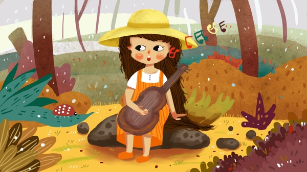 森林里抱吉他唱歌女孩秋天风景插画