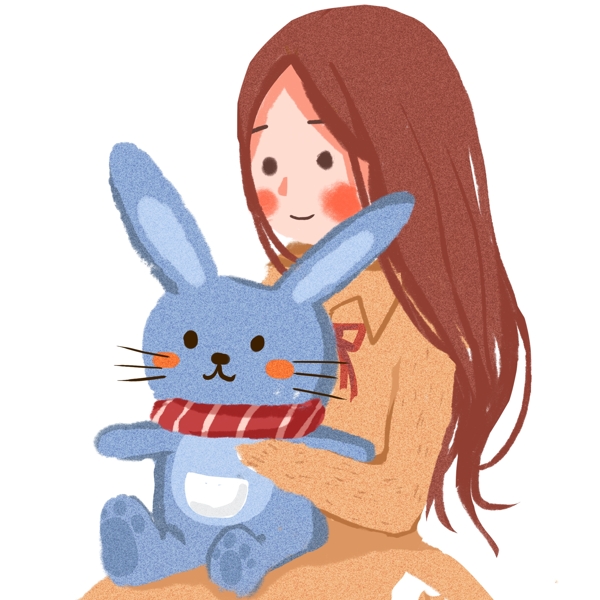 卡通可爱抱着兔子玩偶的女孩