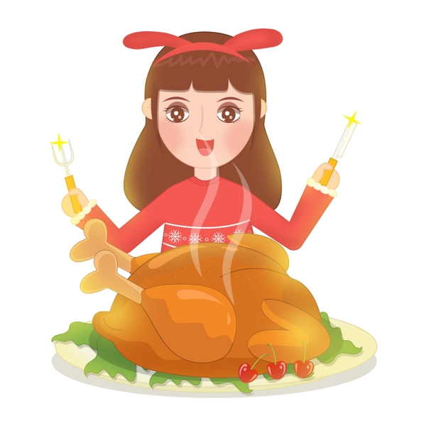卡通手绘感恩节女孩开心吃火鸡
