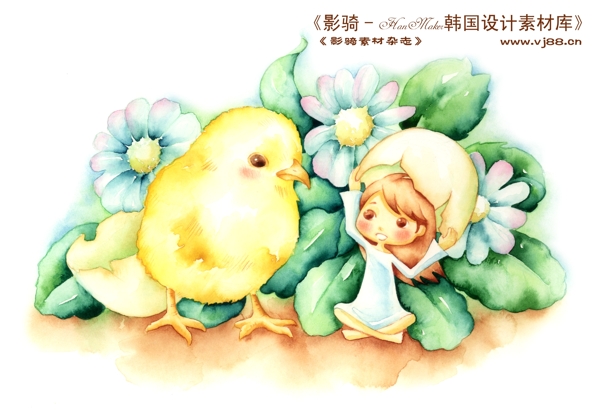 HanMaker韩国设计素材库背景卡通漫画淡彩儿童女孩花叶子小鸡蛋壳