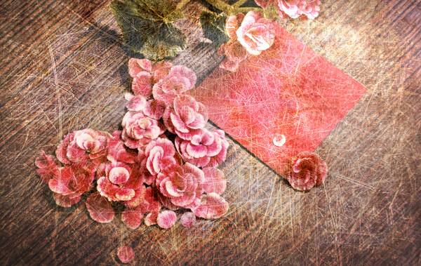 复古的红色卡片与花朵爱心背景图片