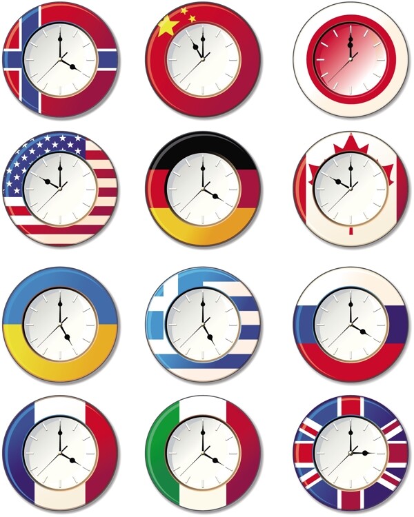 不同国家的国旗向量时钟