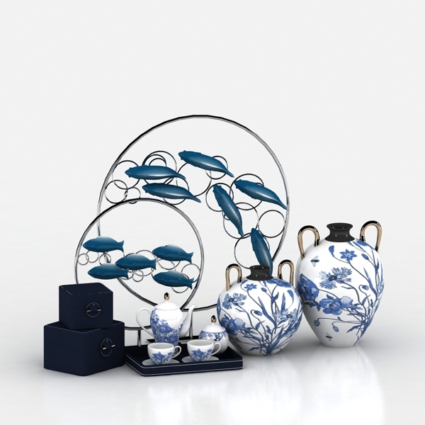 青花陶罐鱼群摆件青花陶瓷茶具组合