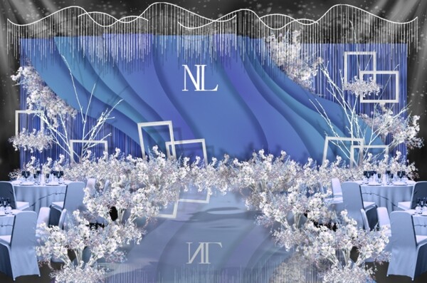 蓝白色婚礼舞台区效果图