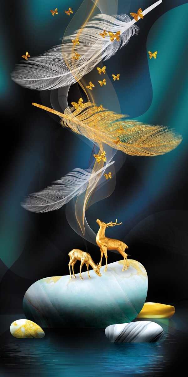新中式羽毛麋鹿玄关装饰画图片