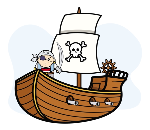 眼睛补丁的海盗船长海盗船卡通插画矢量