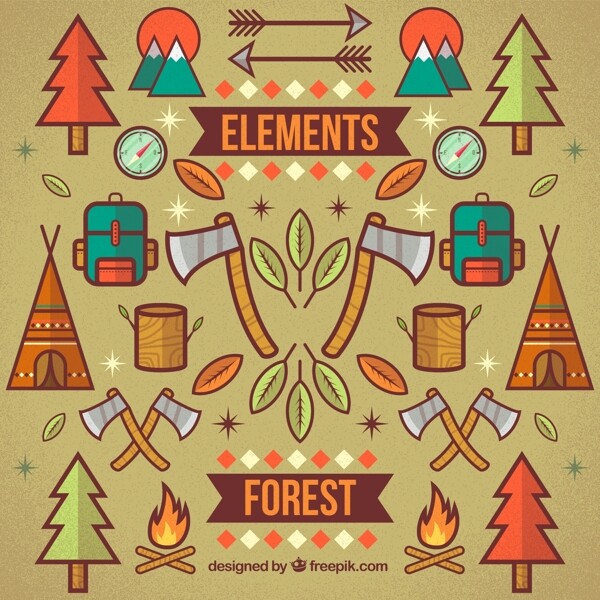 创意森林露营元素插画矢量素材
