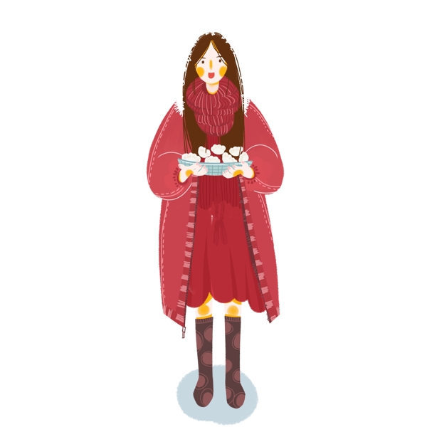 手绘冬至端着一盘饺子的女孩