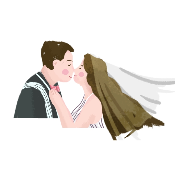 彩绘甜蜜接吻的新郎新娘可商用元素