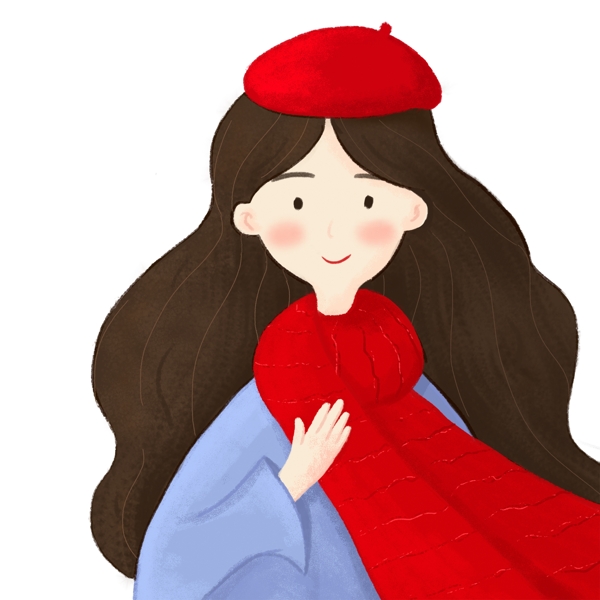 手绘扁平女孩带着红围巾原创元素