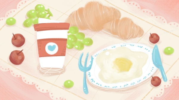 早餐手绘美食背景儿童插画海报壁纸H5页面