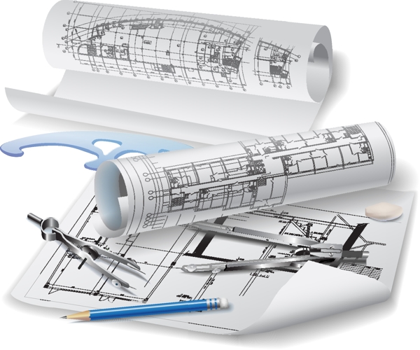 建筑图纸与圆规铅笔矢量素材下载