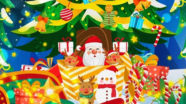 圣诞节圣诞树下礼品盒里圣诞老人驯鹿插画