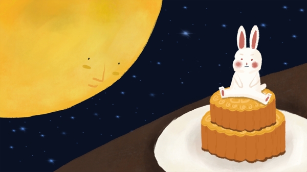 可爱卡通中秋节兔子吃月饼赏月插画