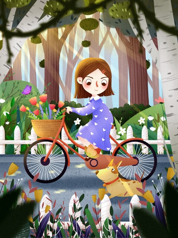 绿色出行自行车的女孩低碳环保插画