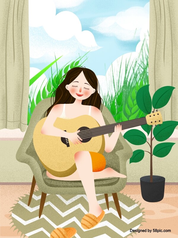 清新窗沿下弹吉他的女孩原创插画