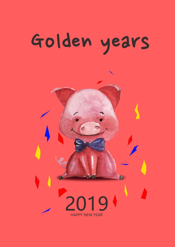 猪新年快乐海报与手绘卡通领结