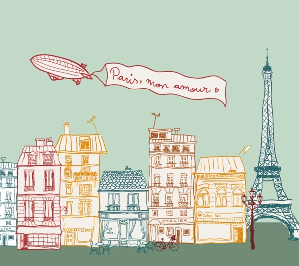 彩绘巴黎街道风景矢量素材