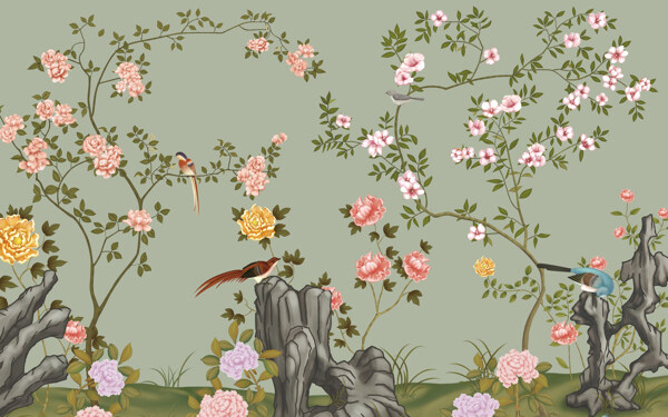 欧式手绘玫瑰花卉花藤复古背景墙