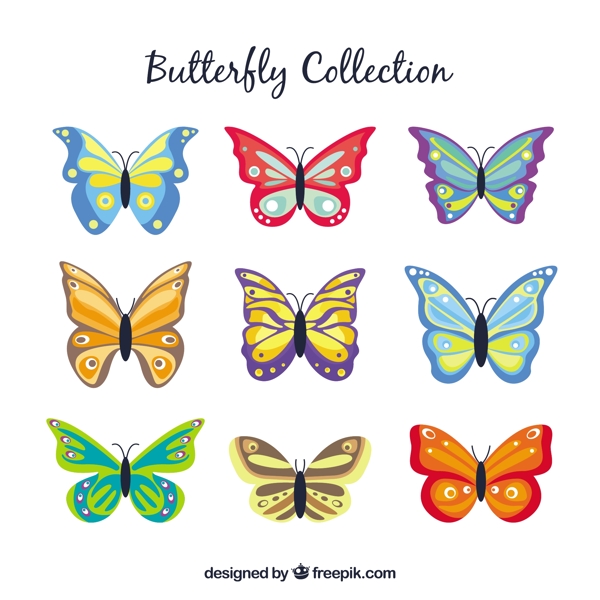 九个彩色蝴蝶平面设计素材