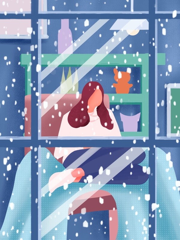 冬日私语窗前看雪的女孩手绘海报插画壁纸