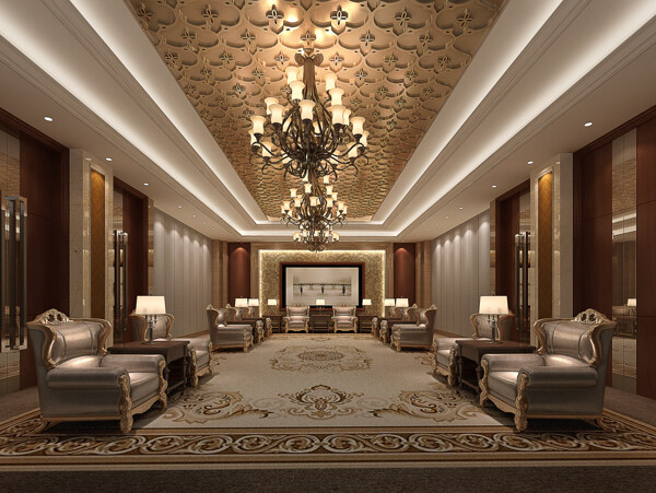 中式大气酒店会议室金色地毯工装装修效果图