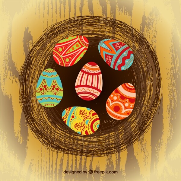 鸟巢里的复活节花纹彩蛋矢量素材