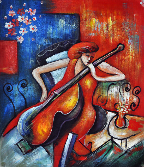 拉大提琴的女人油画图片