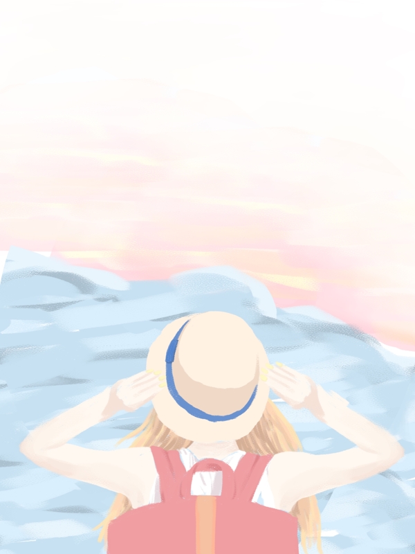 唯美粉色夏季海边游女孩背景