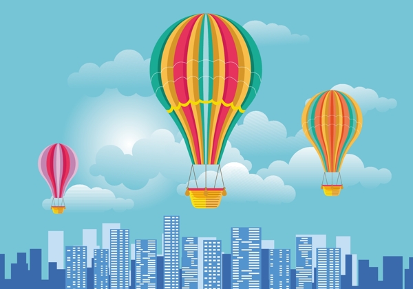 城市背景手绘热气球