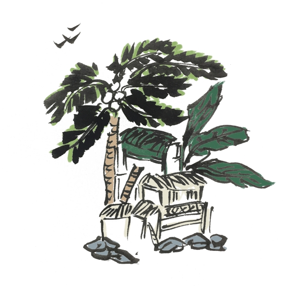 夏天水墨椰子树手绘插画