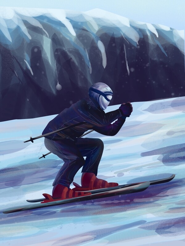 冬日雪天人物滑雪场景商业插画