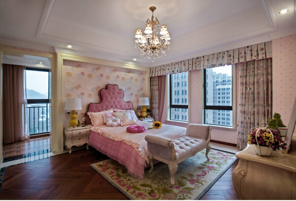 粉色卧室大床落地窗设计图