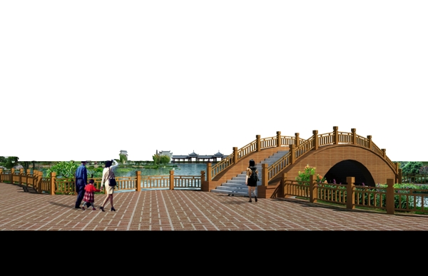 广西特色建筑水景公园木桥效果图
