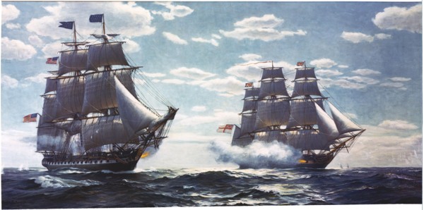海面上的战船油画图片