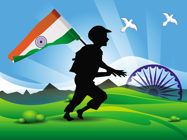 士兵的剪影在印度国旗自然背景