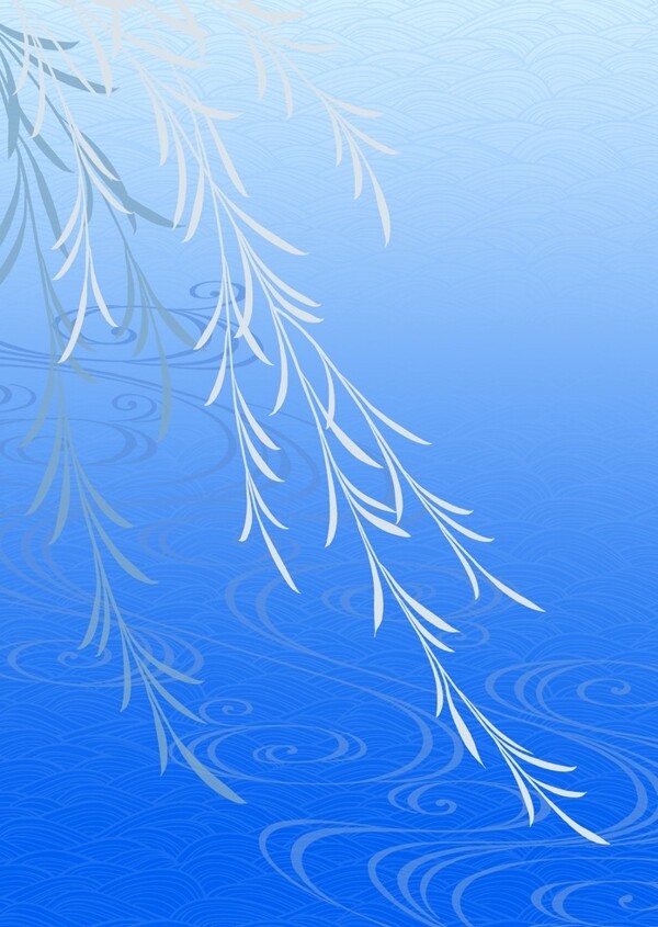 蓝底动感水纹和飘动的柳枝