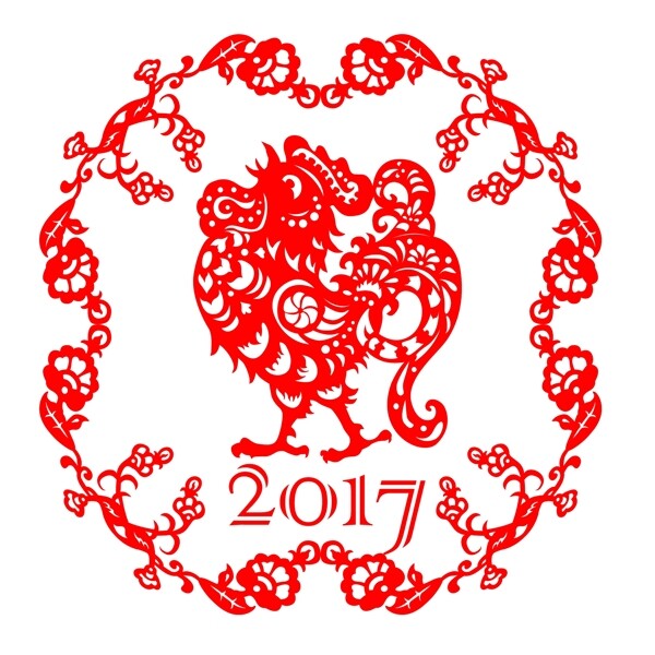2017鸡年中国风民族生肖剪纸矢量图