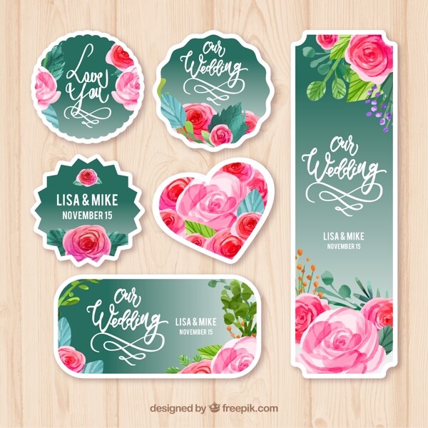 6款创意玫瑰婚礼标签矢量素材
