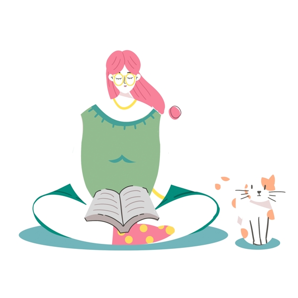 卡通在治愈系看书的女孩和猫咪