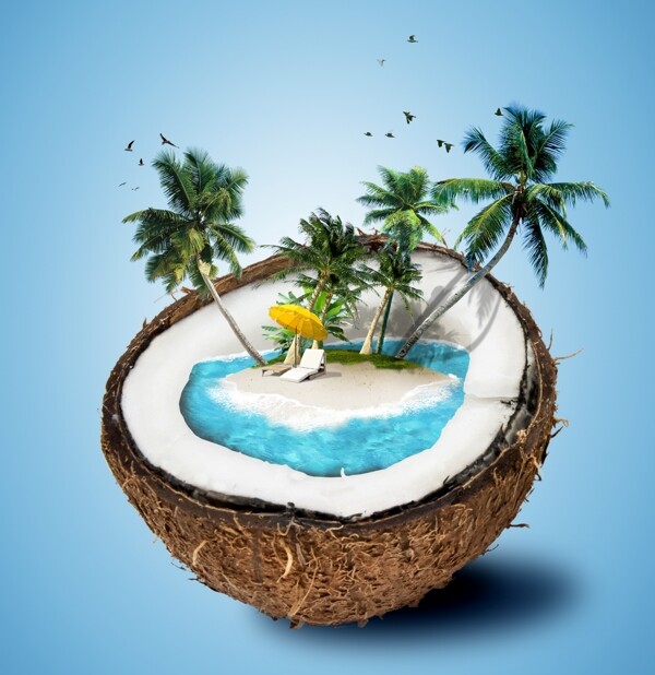 创意椰子壳热带美景