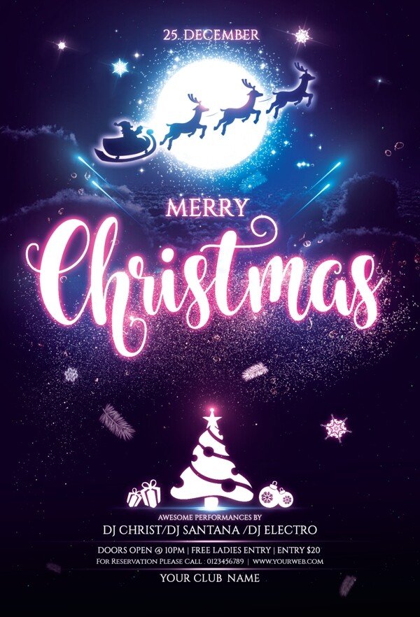 手绘圣诞树麋鹿雪橇圣诞夜海报